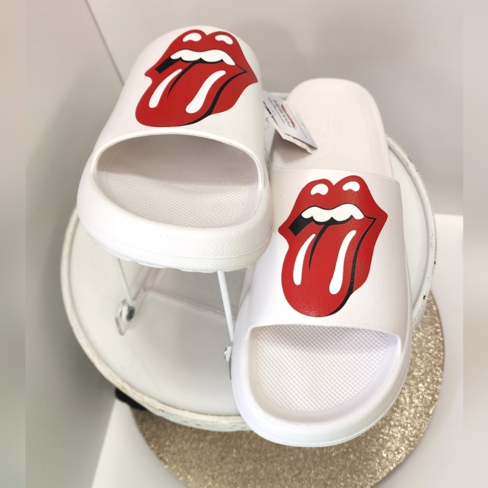 Sketchers Rolling Stones Red Mick Jagger Mouth White Foamies Slide Sandal NWT! - Picture 11 of 13